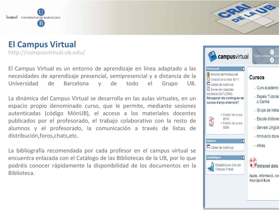 La dinámica del Campus Virtual se desarrolla en las aulas virtuales, en un espacio propio denominado curso, que le permite, mediante sesiones autenticadas (código MónUB), el acceso a los materiales