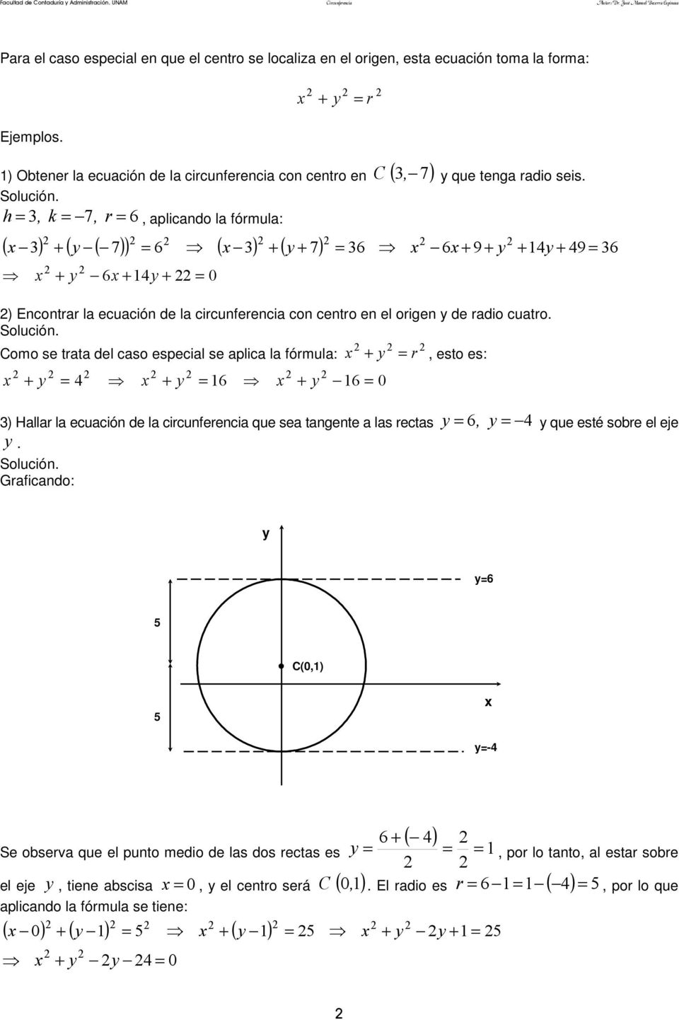 ( ) + ( y ( 7) ) 6 ( ) + ( y + 7) 6 + 9 + y + 4y + 49 + y 6 + 4y + 0 ) Encontrar la ecuación de la circunferencia con centro en el origen y de radio cuatro.