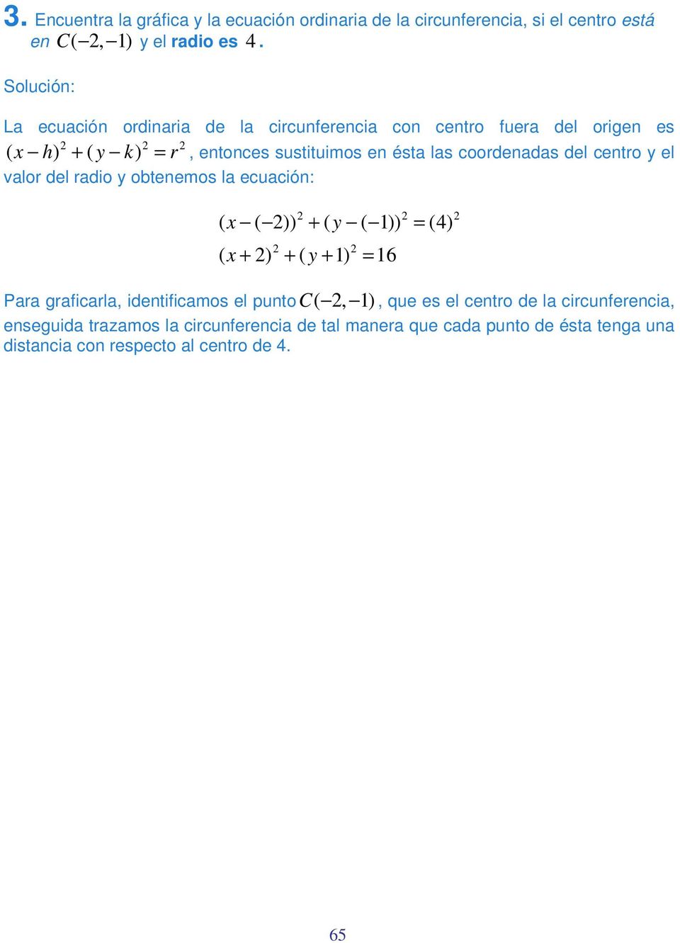 coordenadas del centro y el valor del radio y obtenemos la ecuación: ( x ( )) + ( y ( 1)) = (4) ( x + ) + ( y + 1) = 16 Para graficarla,