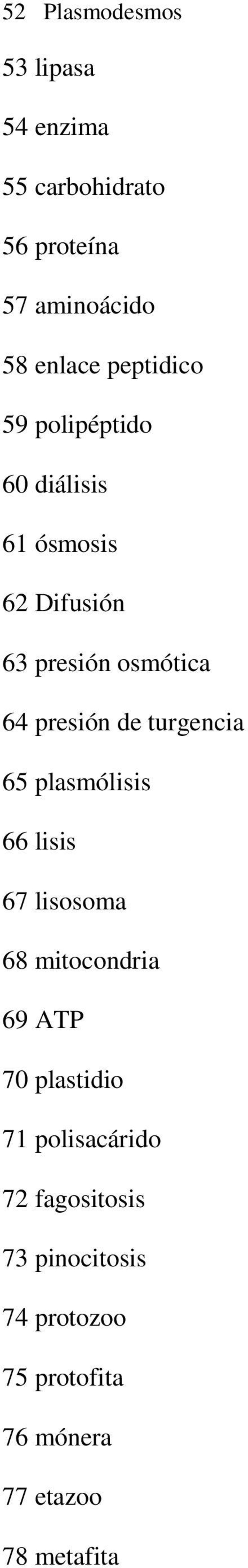 de turgencia 65 plasmólisis 66 lisis 67 lisosoma 68 mitocondria 69 ATP 70 plastidio 71