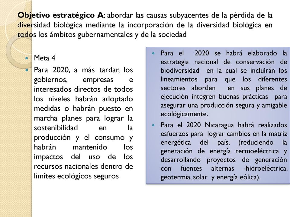 la producción y el consumo y habrán mantenido los impactos del uso de los recursos nacionales dentro de límites ecológicos seguros Para el 2020 se habrá elaborado la estrategia nacional de