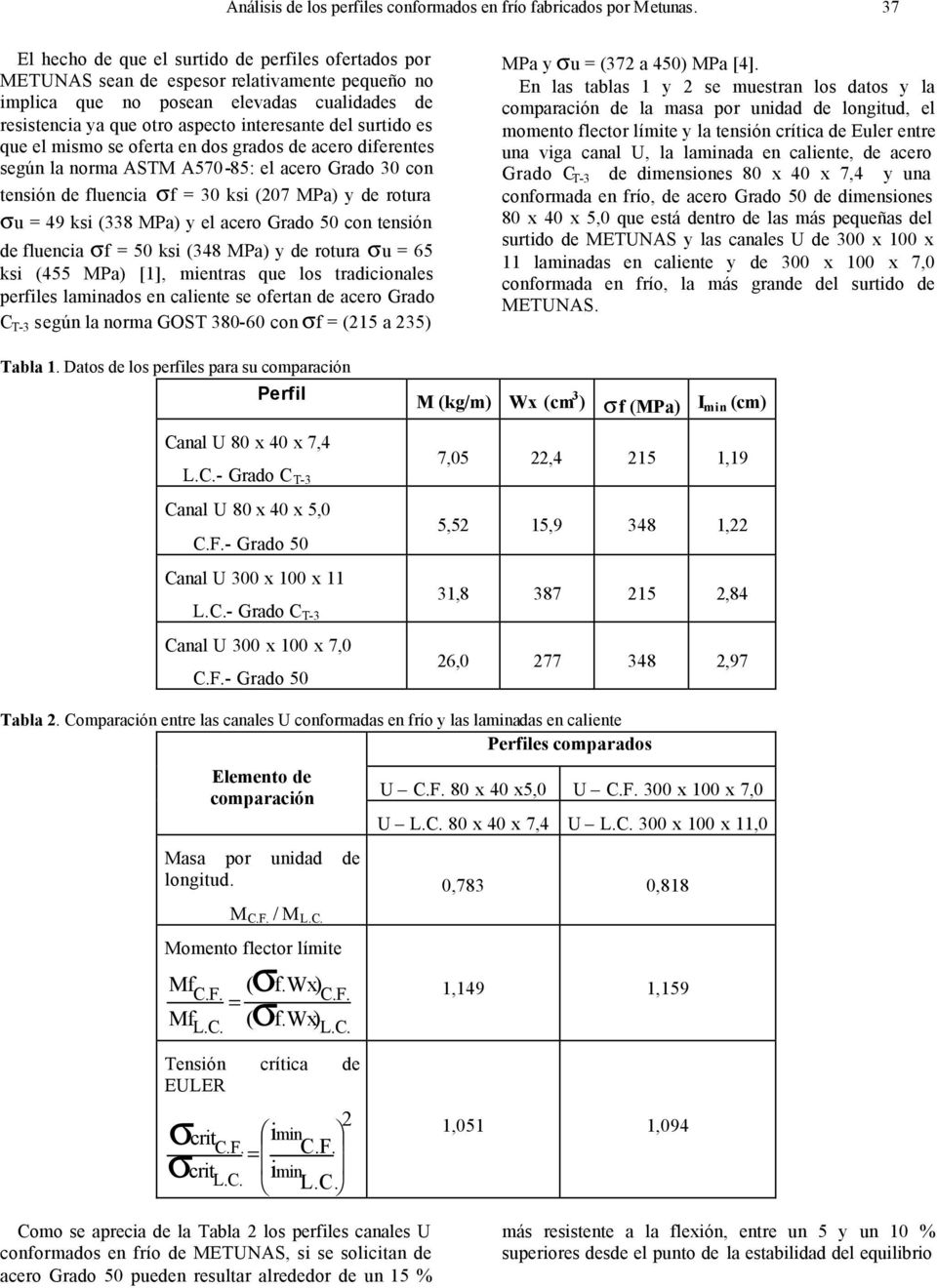 surtido es que el mismo se oferta en dos grados de acero diferentes según la norma ASTM A570-85: el acero Grado 30 con tensión de fluencia σf = 30 ksi (07 MPa) de rotura σu = 49 ksi (338 MPa) el