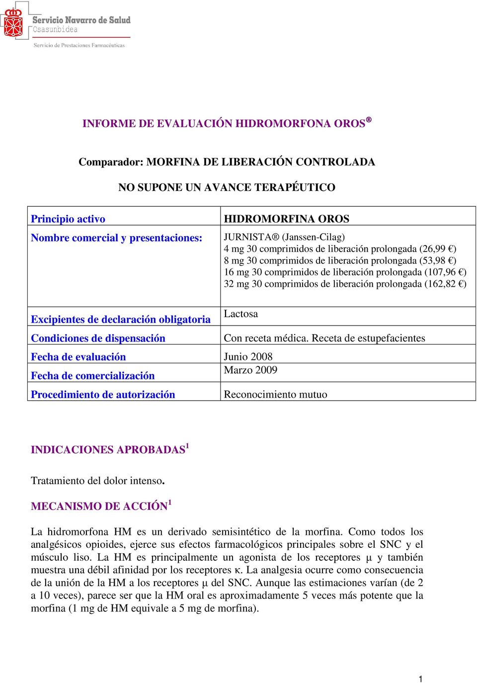 comprimidos de liberación prolongada (162,82 ) Excipientes de declaración obligatoria Lactosa Condiciones de dispensación Con receta médica.