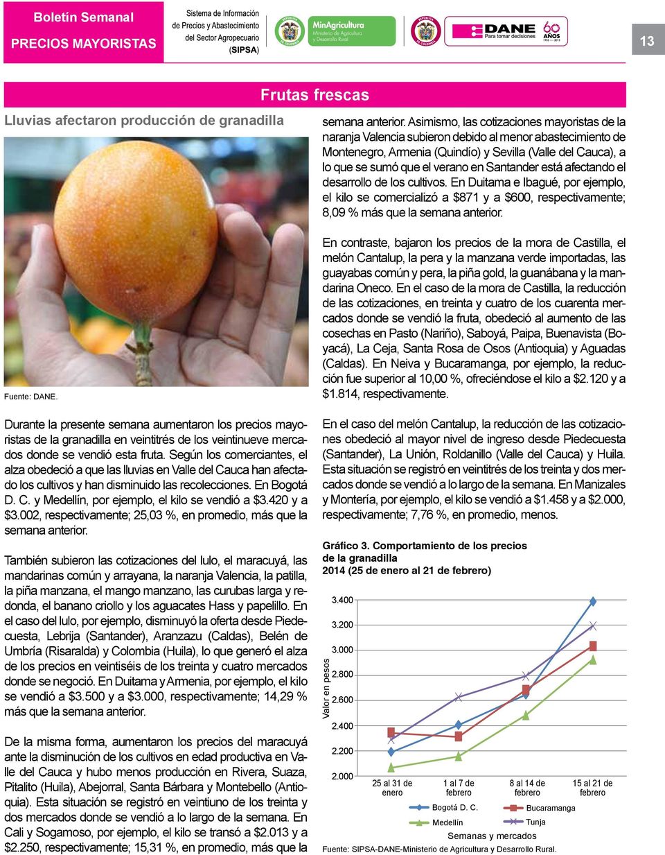 Según los comerciantes, el alza obedeció a que las lluvias en Valle del Cauca han afectado los cultivos y han disminuido las recolecciones. En Bogotá D. C. y Medellín, por ejemplo, el kilo se vendió a $3.