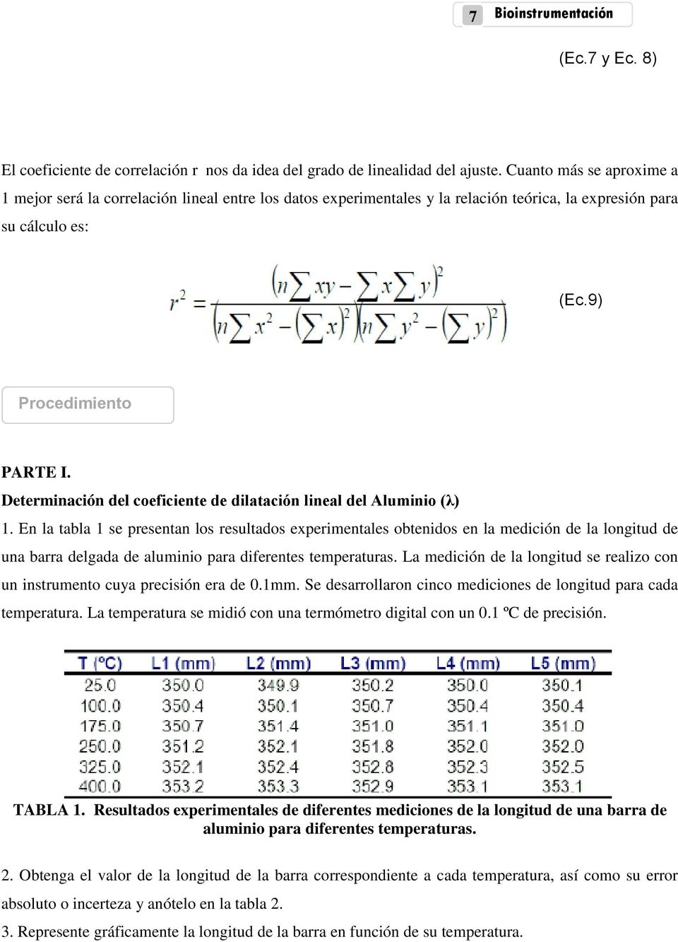 Determinación del coeficiente de dilatación lineal del Aluminio (λ) 1.
