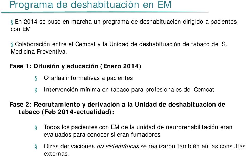Fase 1: Difusión y educación (Enero 2014) Charlas informativas a pacientes Intervención mínima en tabaco para profesionales del Cemcat Fase 2: Recrutamiento y