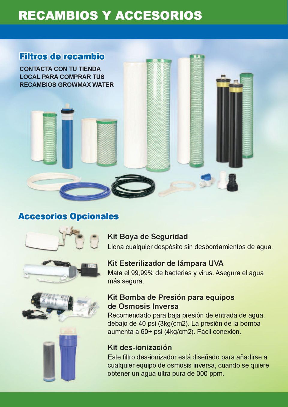Kit bomba de Presión para equipos de osmosis inversa Recomendado para baja presión de entrada de agua, debajo de 40 psi (3kg(cm2).