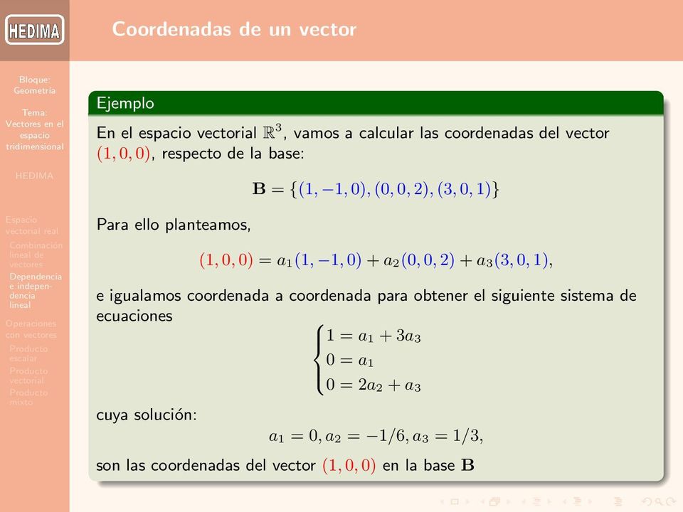2) + a 3(3, 0, 1), e igualamos coordenada a coordenada para obtener el siguiente sistema de ecuaciones 1 = a 1 + 3a 3
