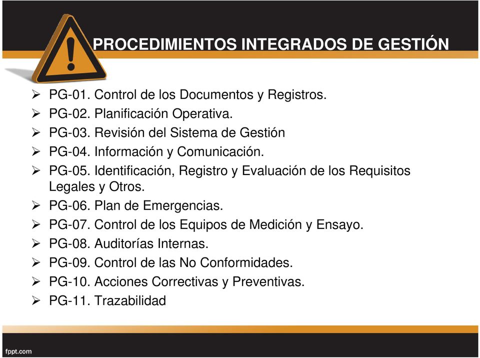 Identificación, Registro y Evaluación de los Requisitos Legales y Otros. PG-06. Plan de Emergencias. PG-07.