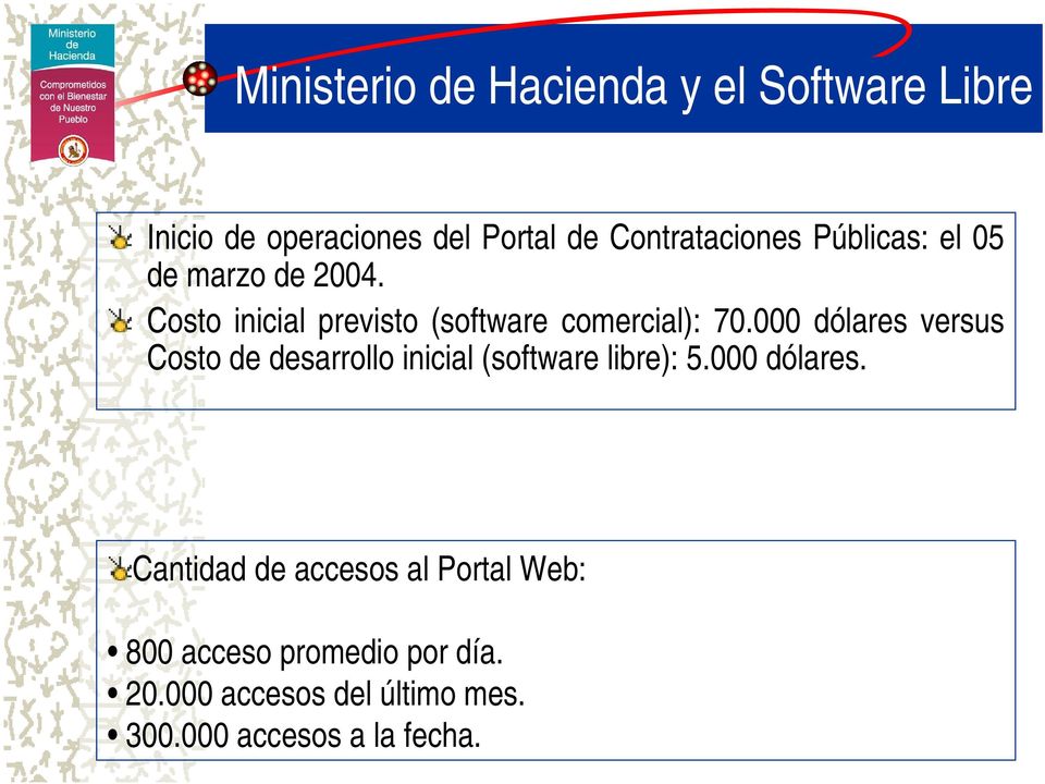000 dólares versus Costo de desarrollo inicial (software libre): 5.000 dólares. Cantidad de accesos al Portal Web: 800 acceso promedio por día.