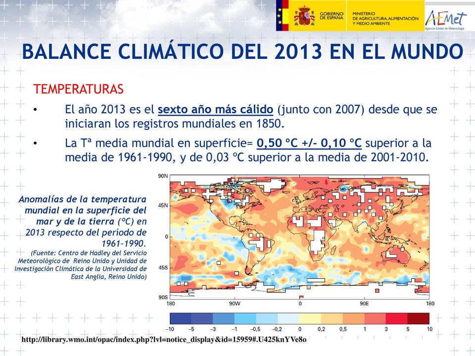 Anomalías de la temperatura mundial en la superficie del mar y de la tierra (ºC) en 2013 respecto del período de 1961 1990.