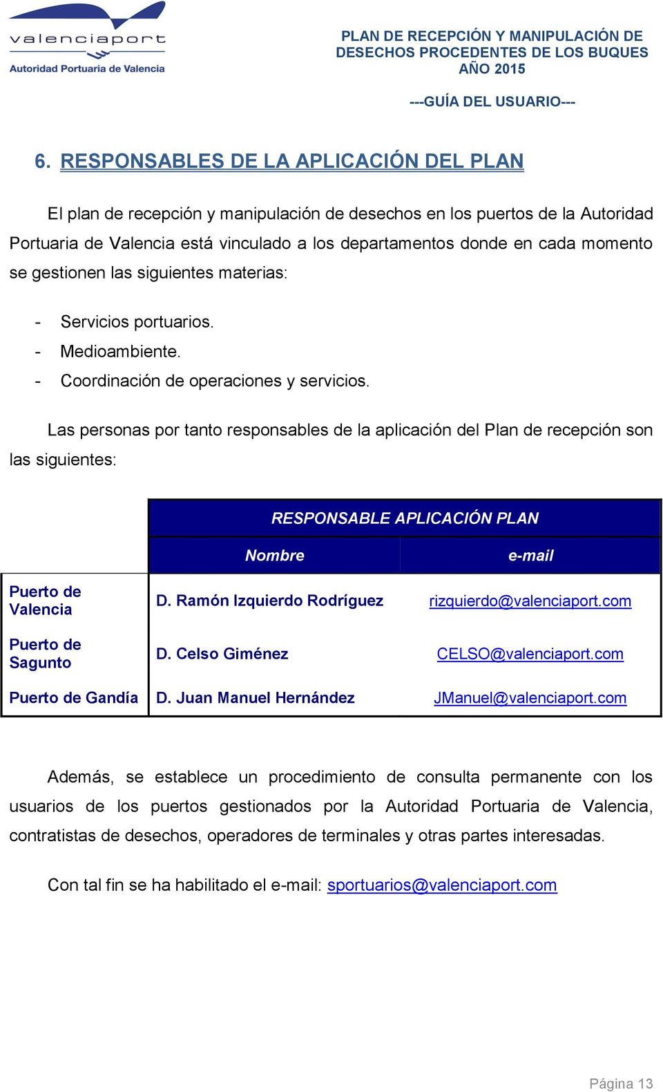 Las personas por tanto responsables de la aplicación del Plan de recepción son las siguientes: RESPONSABLE APLICACIÓN PLAN Nombre e-mail Puerto de Valencia Puerto de Sagunto D.