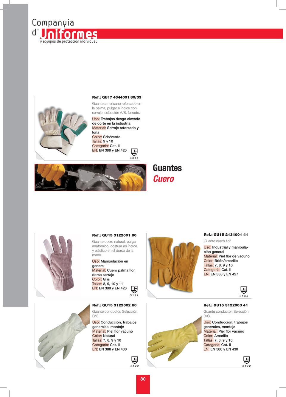 : GU15 3122001 80 Guante cuero natural, pulgar anatómico, costura en índice y elástico en el dorso de la mano.