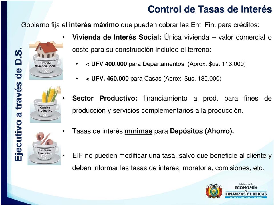 000 para Departamentos (Aprox. $us. 113.000) < UFV. 460.000 para Casas (Aprox. $us. 130.000) Sector Productivo: financiamiento a prod.