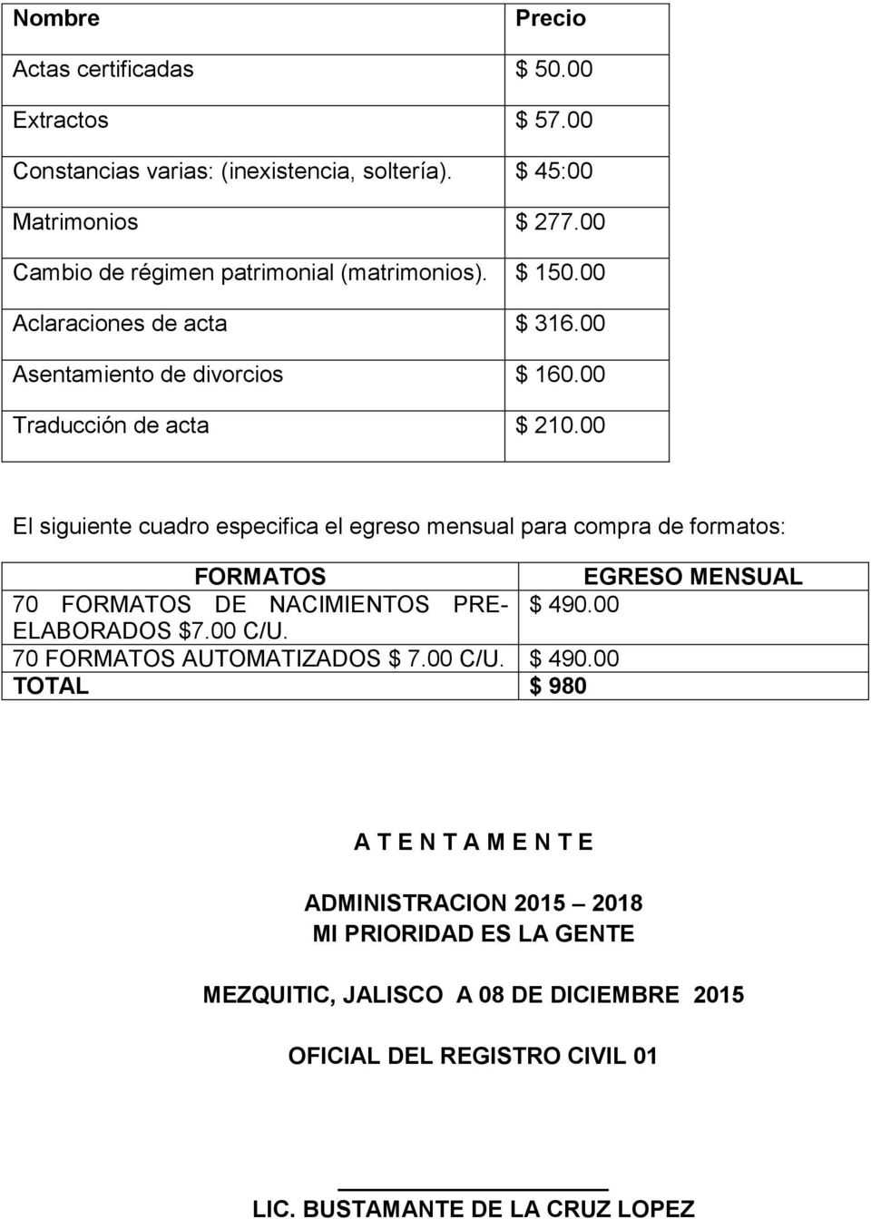 00 El siguiente cuadro especifica el egreso mensual para compra de formatos: FORMATOS EGRESO MENSUAL 70 FORMATOS DE NACIMIENTOS PRE- $ 490.00 ELABORADOS $7.00 C/U.