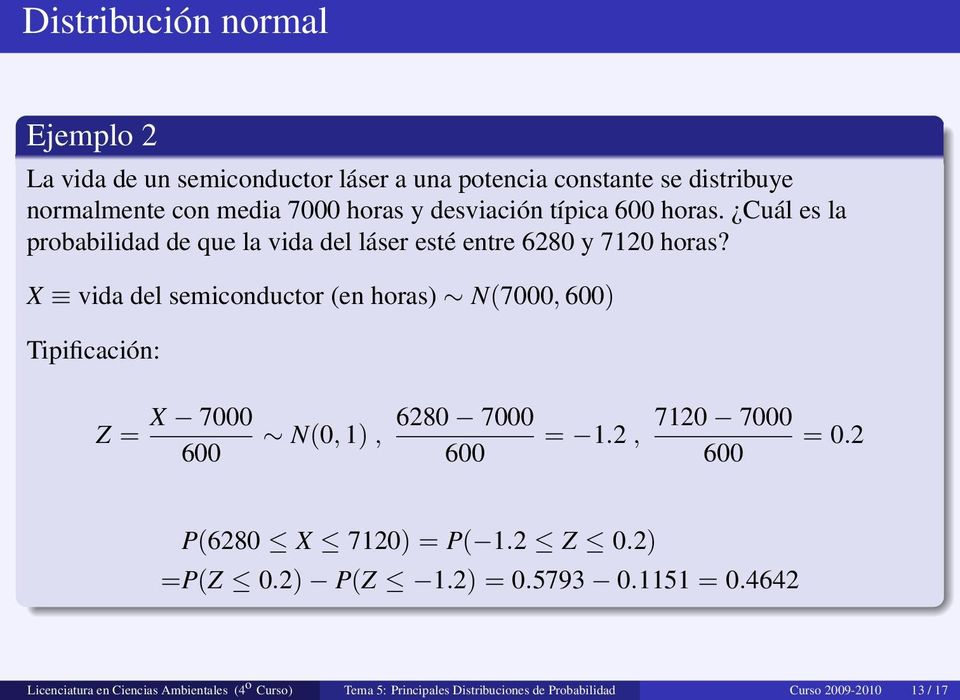 X vida del semiconductor (en horas) N(7000, 600) Tipificación: Z = X 7000 600 N(0, 1), 6280 7000 600 = 1.2, 7120 7000 600 = 0.