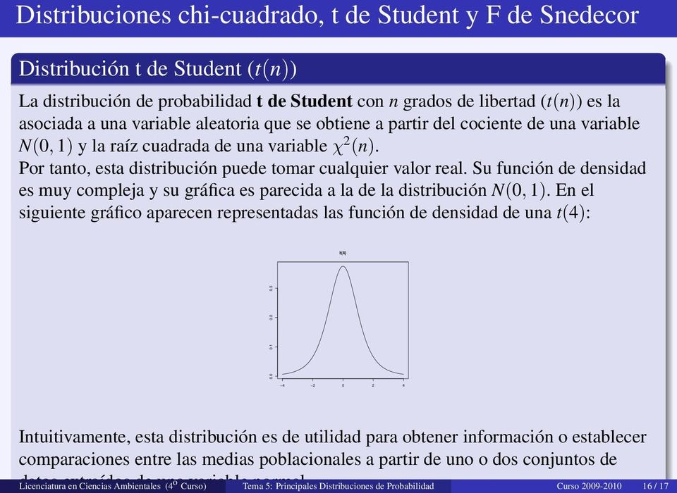 5: Principales Distribuciones de Probabilidad Curso 2009-2010 16 / 17 Distribuciones chi-cuadrado, t de Student y F de Snedecor Distribución t de Student (t(n)) La distribución de probabilidad t de