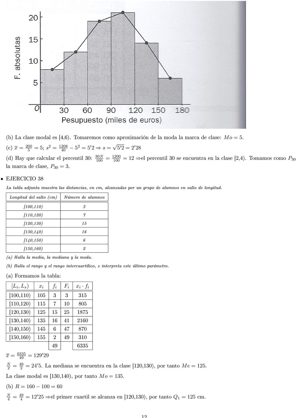 Tomamos como P 30 la marca de clase, P 30 = 3. ˆ EJERCICIO 38 La tabla adjunta muestra las distancias, en cm, alcanzadas por un grupo de alumnos en salto de longitud.