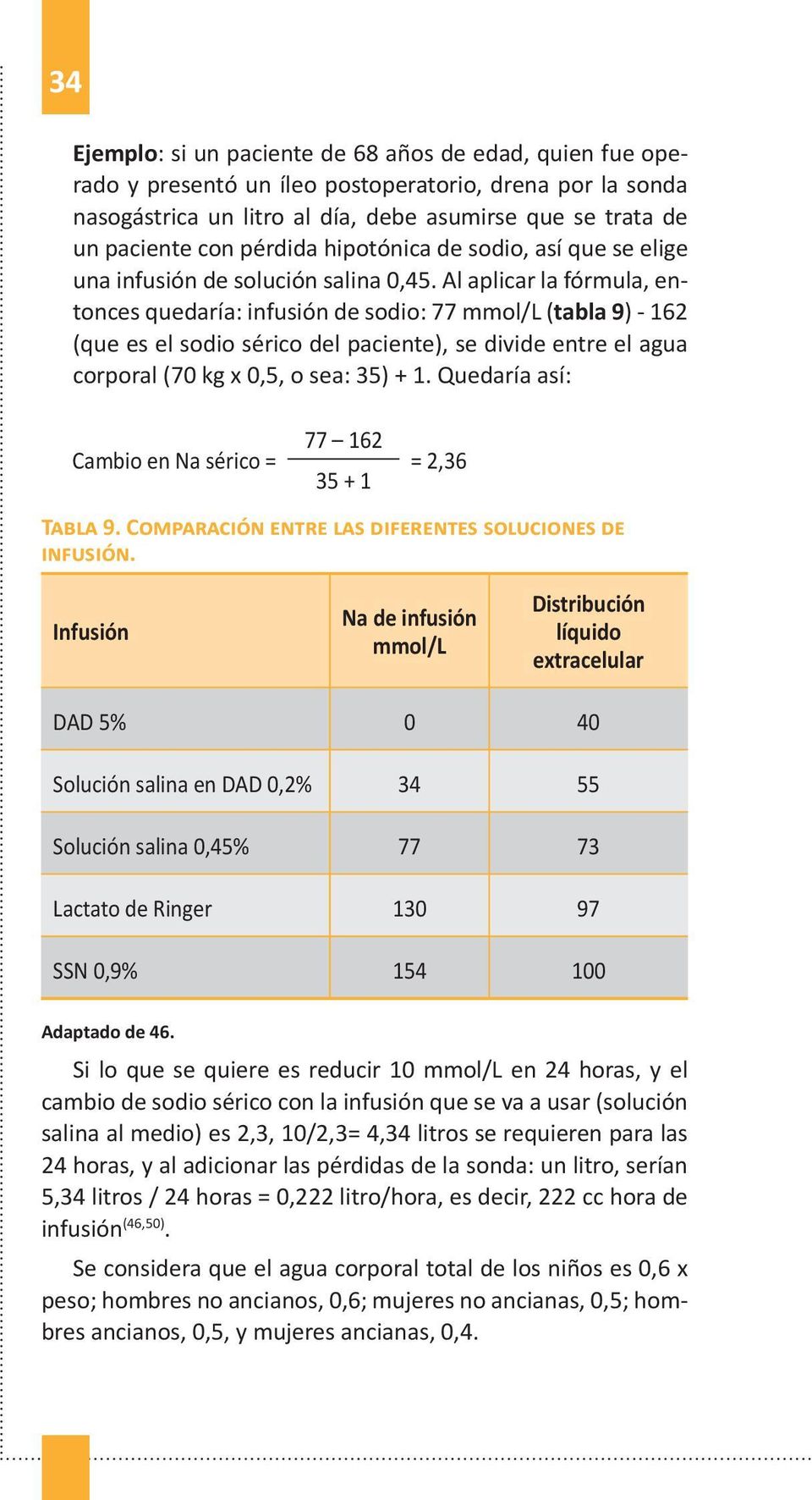 Al aplicar la fórmula, entonces quedaría: infusión de sodio: 77 mmol/l (tabla 9) - 162 (que es el sodio sérico del paciente), se divide entre el agua corporal (70 kg x 0,5, o sea: 35) + 1.
