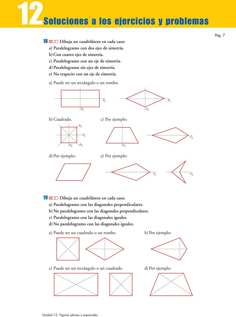 c) Por ejemplo: e 1 e 2 e 1 e 4 e 3 e 1 d) Por ejemplo: e) Por ejemplo: e 1 e 1 19 Dibuja un cuadrilátero en cada caso: a) Paralelogramo con las diagonales perpendiculares.