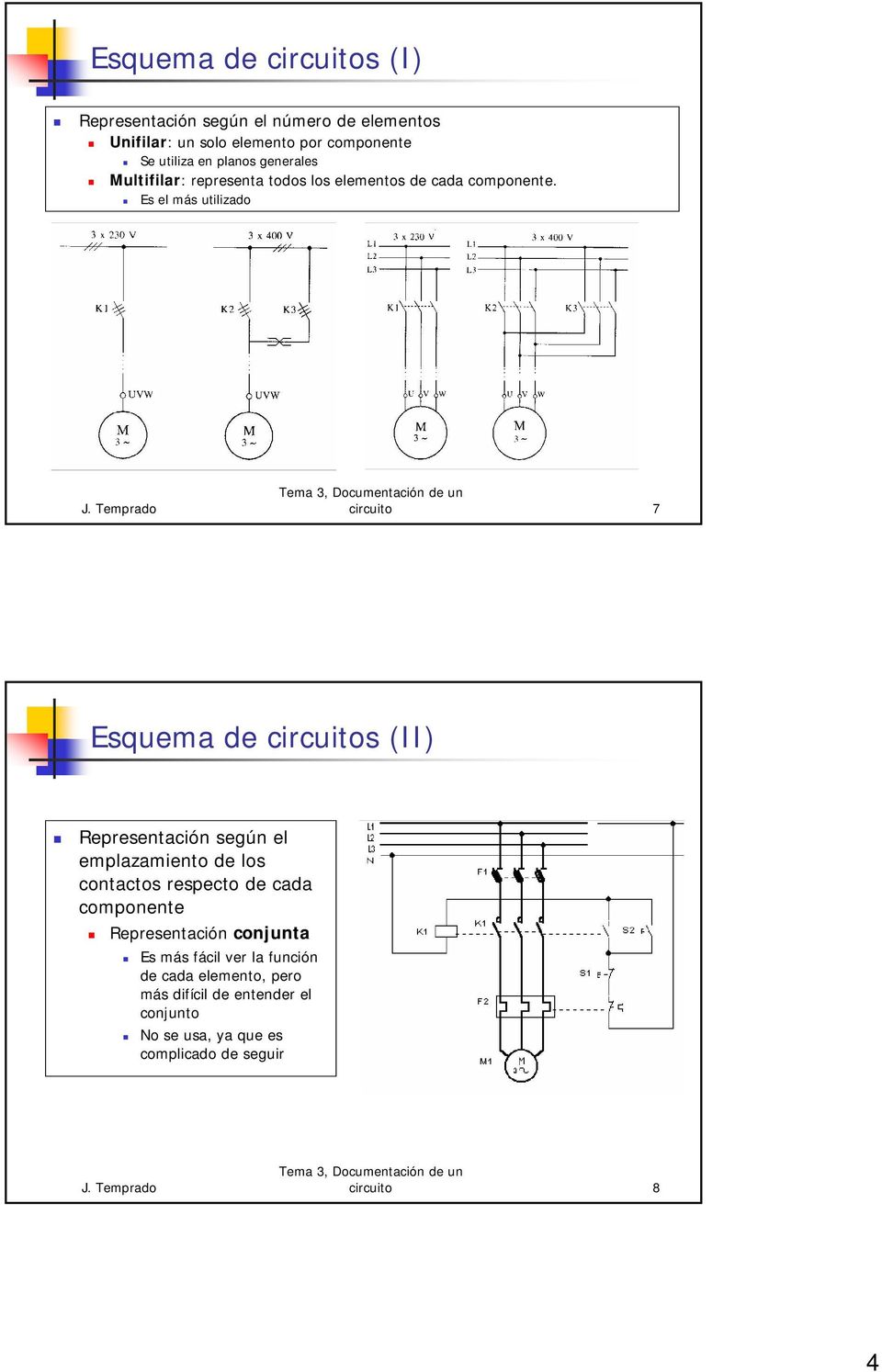Es el más utilizado circuito 7 Esquema de circuitos (II) Representación según el emplazamiento de los contactos respecto de