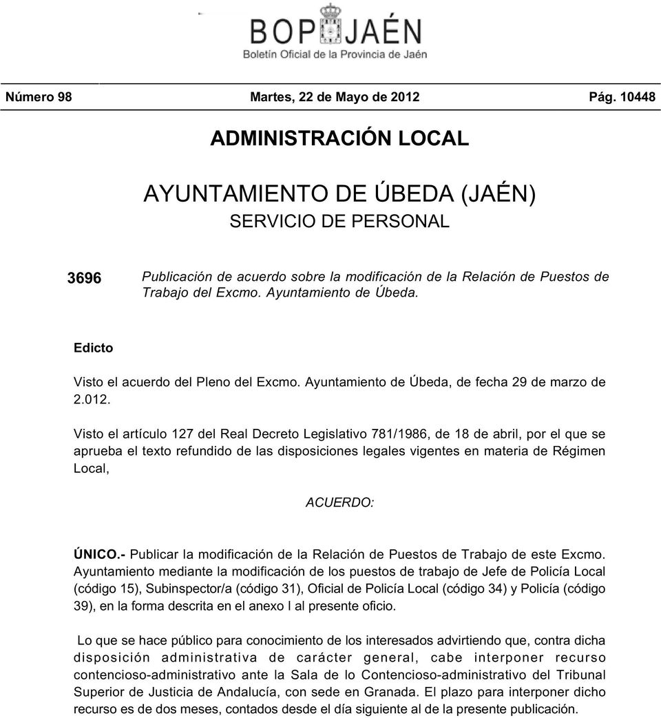 Edicto Visto el acuerdo del Pleno del Excmo. Ayuntamiento de Úbeda, de fecha 29 de marzo de 2.012.