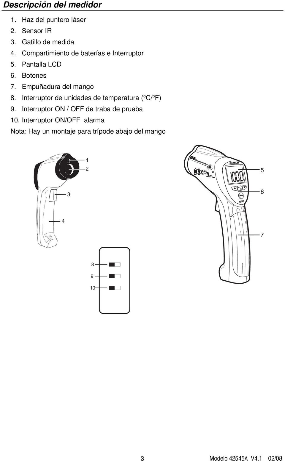 Empuñadura del mango 8. Interruptor de unidades de temperatura (ºC/ºF) 9.