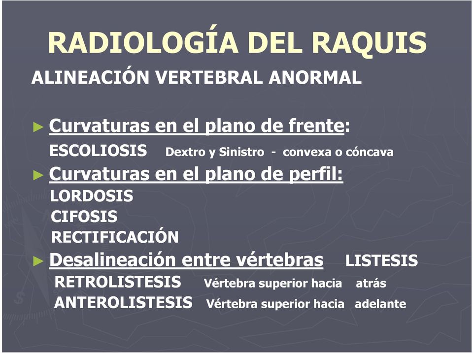 perfil: LORDOSIS CIFOSIS RECTIFICACIÓN Desalineación entre vértebras LISTESIS