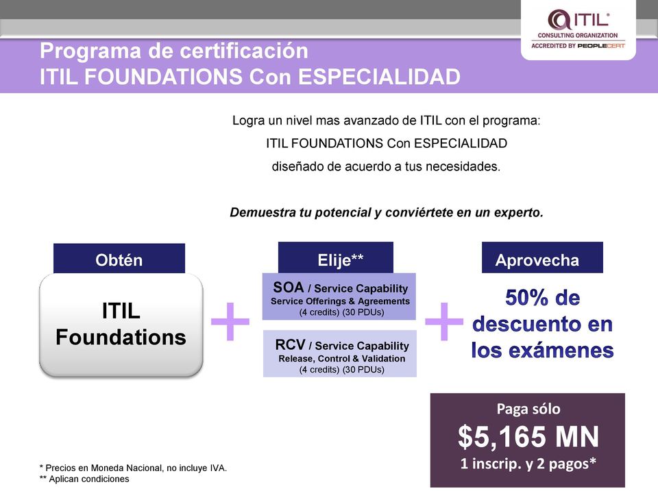 Obtén ITIL Foundations Elije** + + SOA / Service Capability Service Offerings & Agreements (4 credits) (30 PDUs) RCV / Service