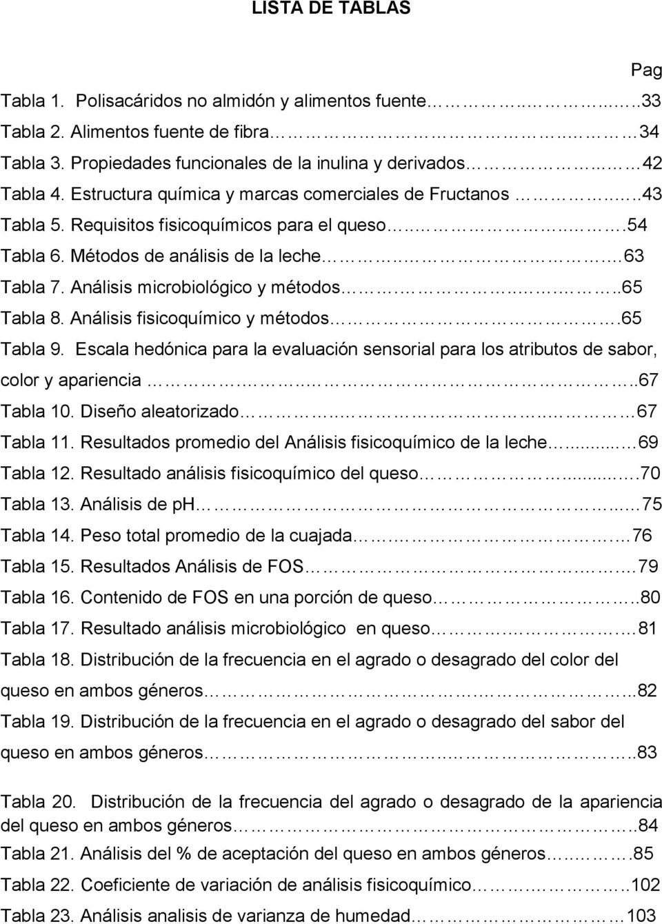 Análisis microbiológico y métodos......65 Tabla 8. Análisis fisicoquímico y métodos.65 Tabla 9. Escala hedónica para la evaluación sensorial para los atributos de sabor, color y apariencia.