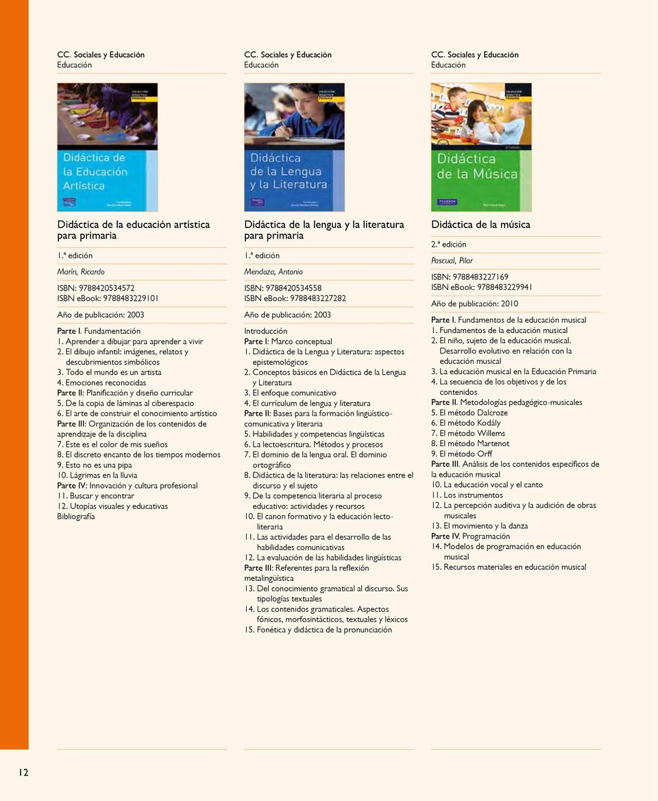 Sociales y Educación Educación Didáctica de la educación artística para primaria Marín, Ricardo ISBN: 9788420534572 ISBN ebook: 9788483229101 Año de publicación: 2003 Parte I. Fundamentación 1.