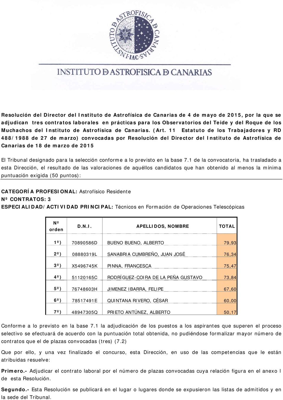 11 Estatuto de los Trabajadores y RD 488/1988 de 27 de marzo) convocadas por Resolución del Director del Instituto de Astrofísica de Canarias de 18 de marzo de 2015 El Tribunal designado para la