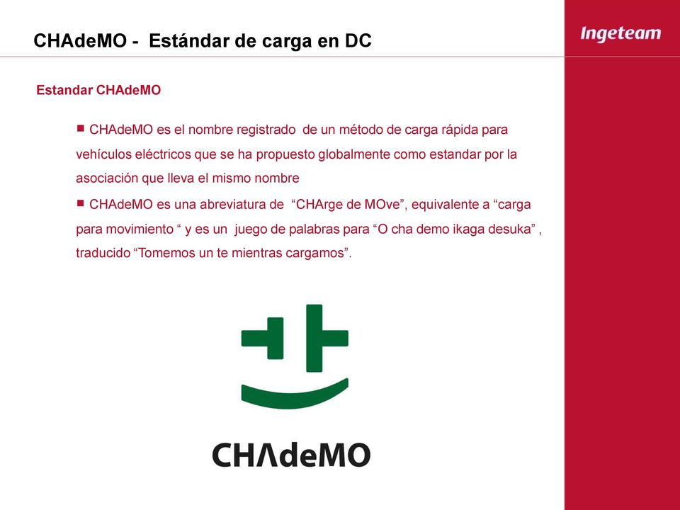 asociación que lleva el mismo nombre CHAdeMO es una abreviatura de CHArge de MOve, equivalente a