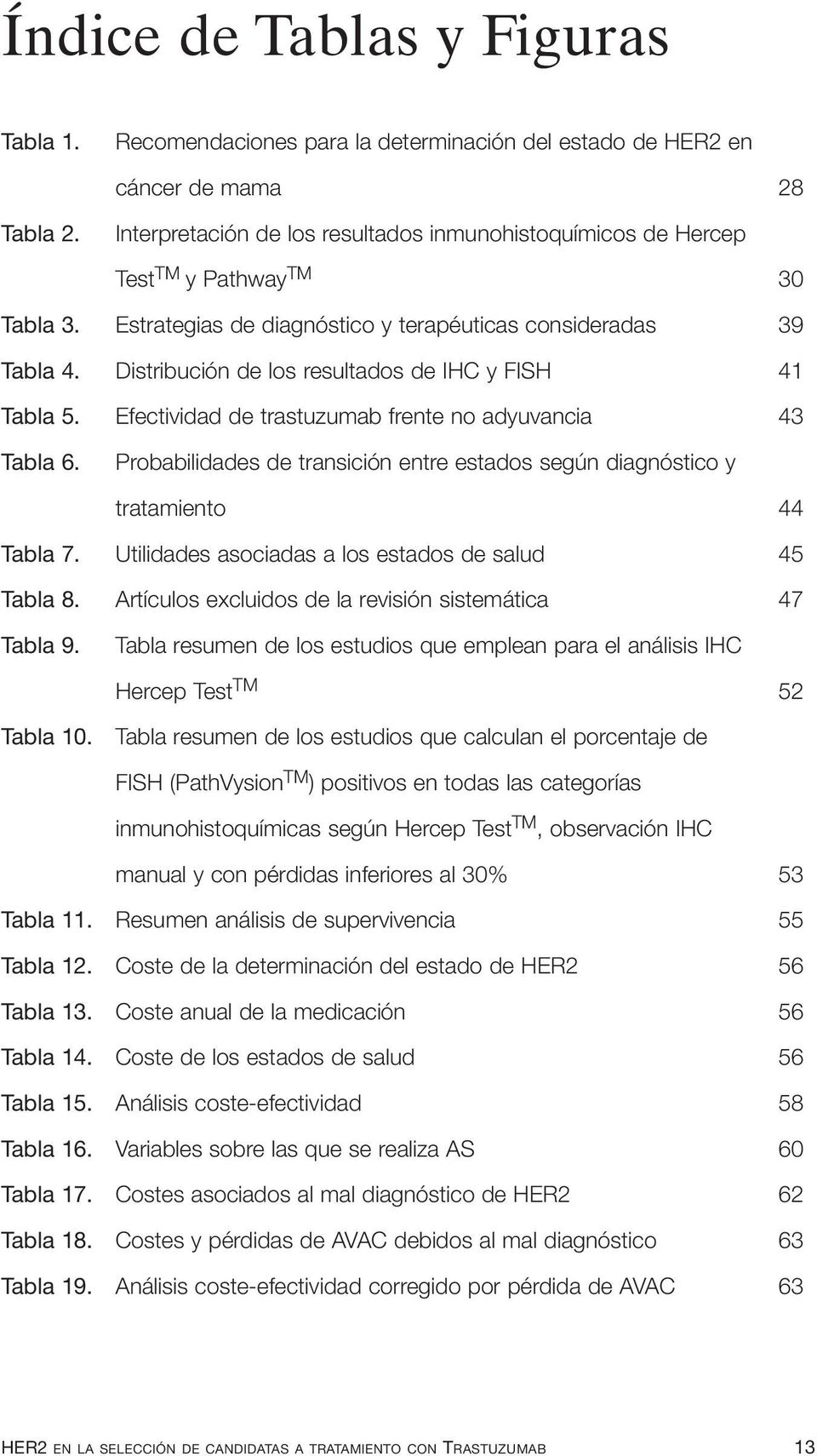 Distribución de los resultados de IHC y FISH 41 Tabla 5. Efectividad de trastuzumab frente no adyuvancia 43 Tabla 6.