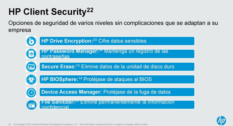 Secure Erase: 15 Elimine datos de la unidad de disco duro HP BIOSphere: 14 Protéjase de ataques al BIOS Device