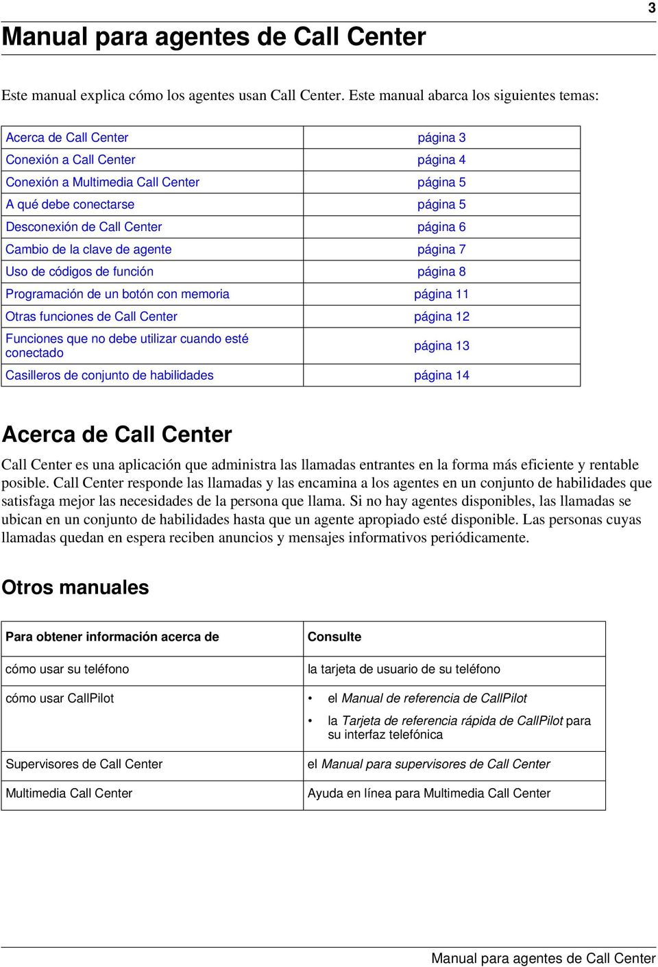 Center página 6 Cambio de la clave de agente página 7 Uso de códigos de función página 8 Programación de un botón con memoria página 11 Otras funciones de Call Center página 12 Funciones que no debe