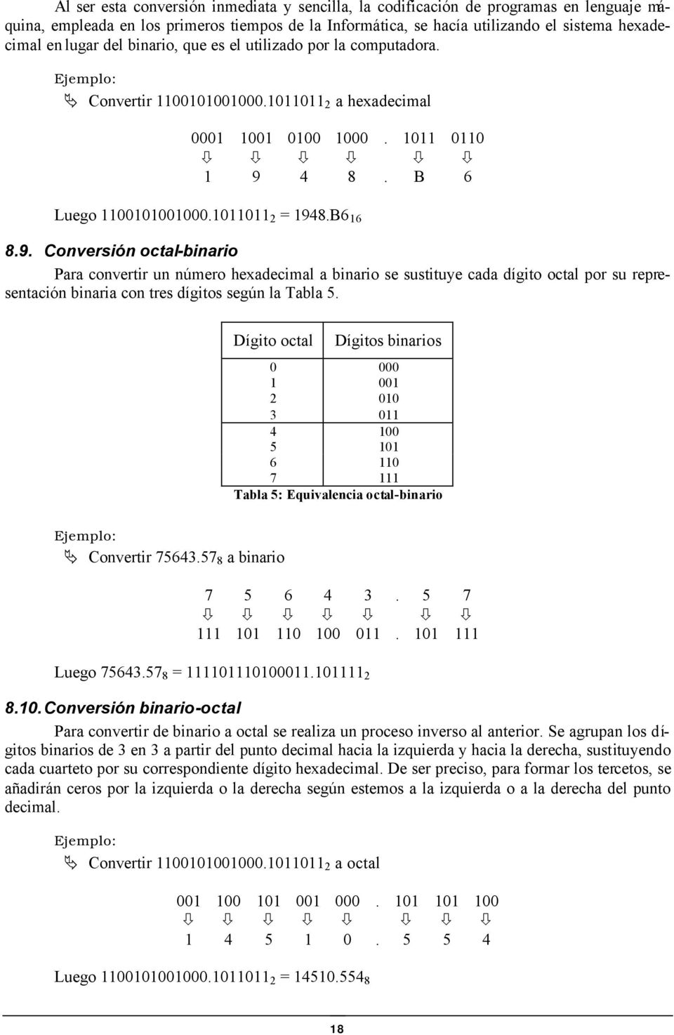 9. Conversión octal-binario Para convertir un número hexadecimal a binario se sustituye cada dígito octal por su representación binaria con tres dígitos según la Tabla 5.