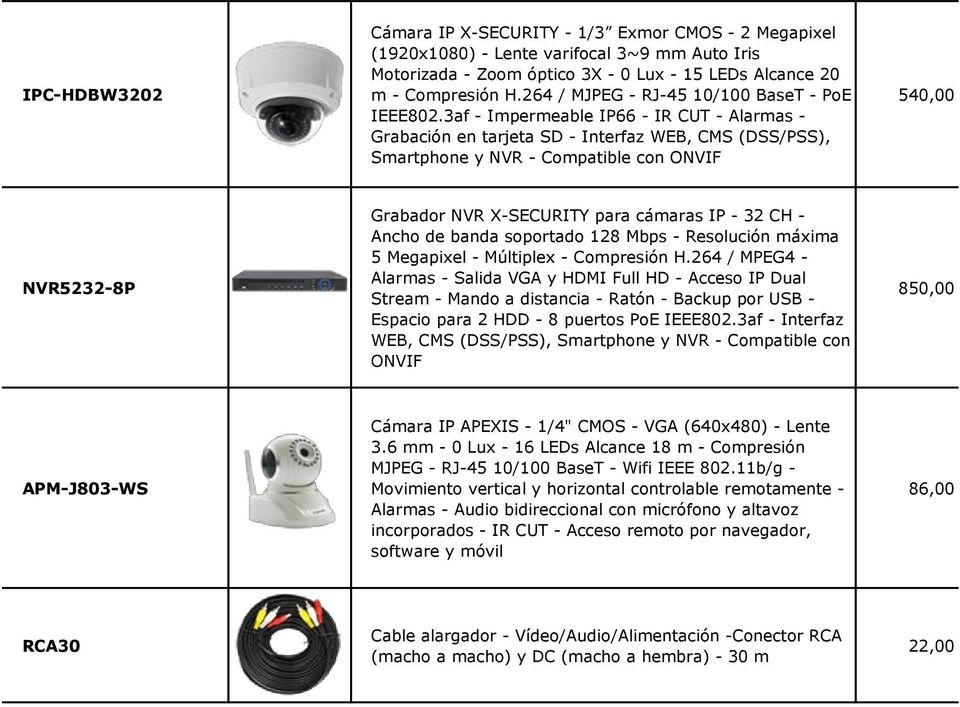 3af - Impermeable IP66 - IR CUT - Alarmas - Grabación en tarjeta SD - Interfaz WEB, CMS (DSS/PSS), Smartphone y NVR - Compatible con ONVIF 540,00 NVR5232-8P Grabador NVR X-SECURITY para cámaras IP -