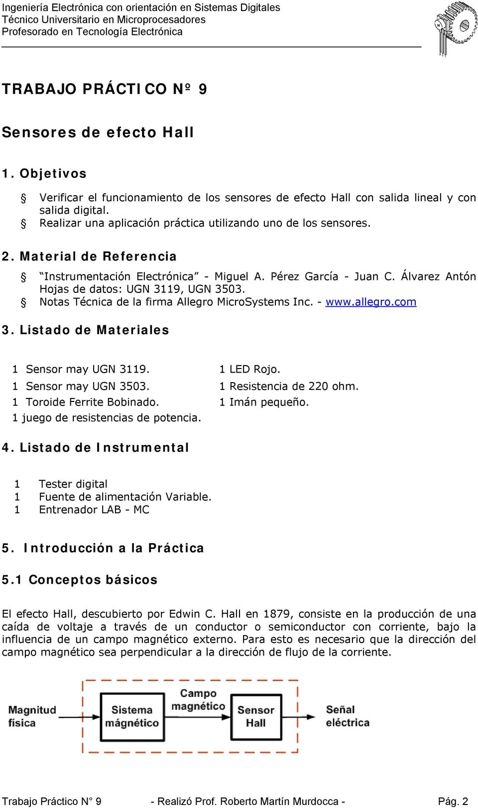 Álvarez Antón Hojas de datos: UGN 3119, UGN 3503. Notas Técnica de la firma Allegro MicroSystems Inc. - www.allegro.com 3. Listado de Materiales 1 Sensor may UGN 3119. 1 LED Rojo.