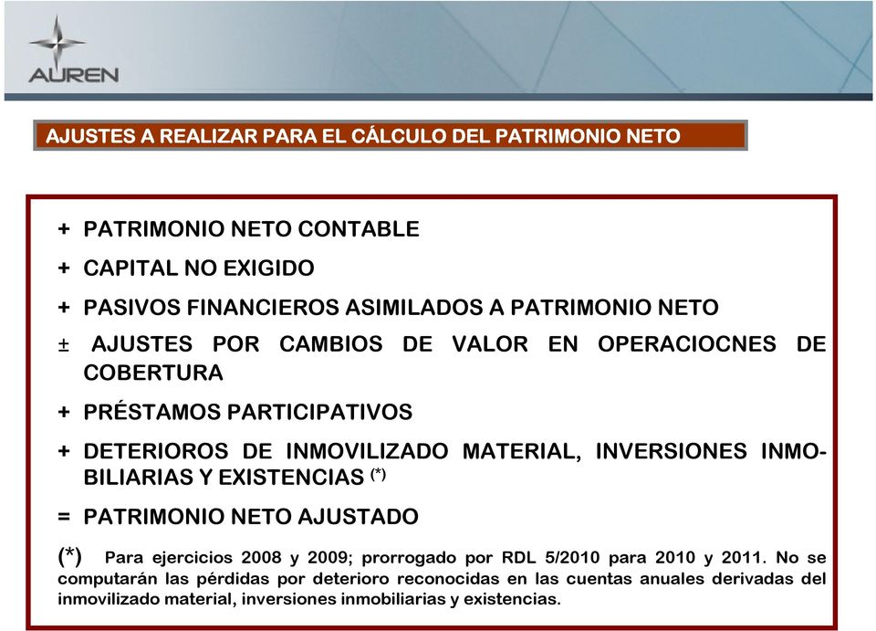 INVERSIONES INMO- BILIARIAS Y EXISTENCIAS (*) = PATRIMONIO NETO AJUSTADO (*) Para ejercicios 2008 y 2009; prorrogado por RDL 5/2010 para 2010 y