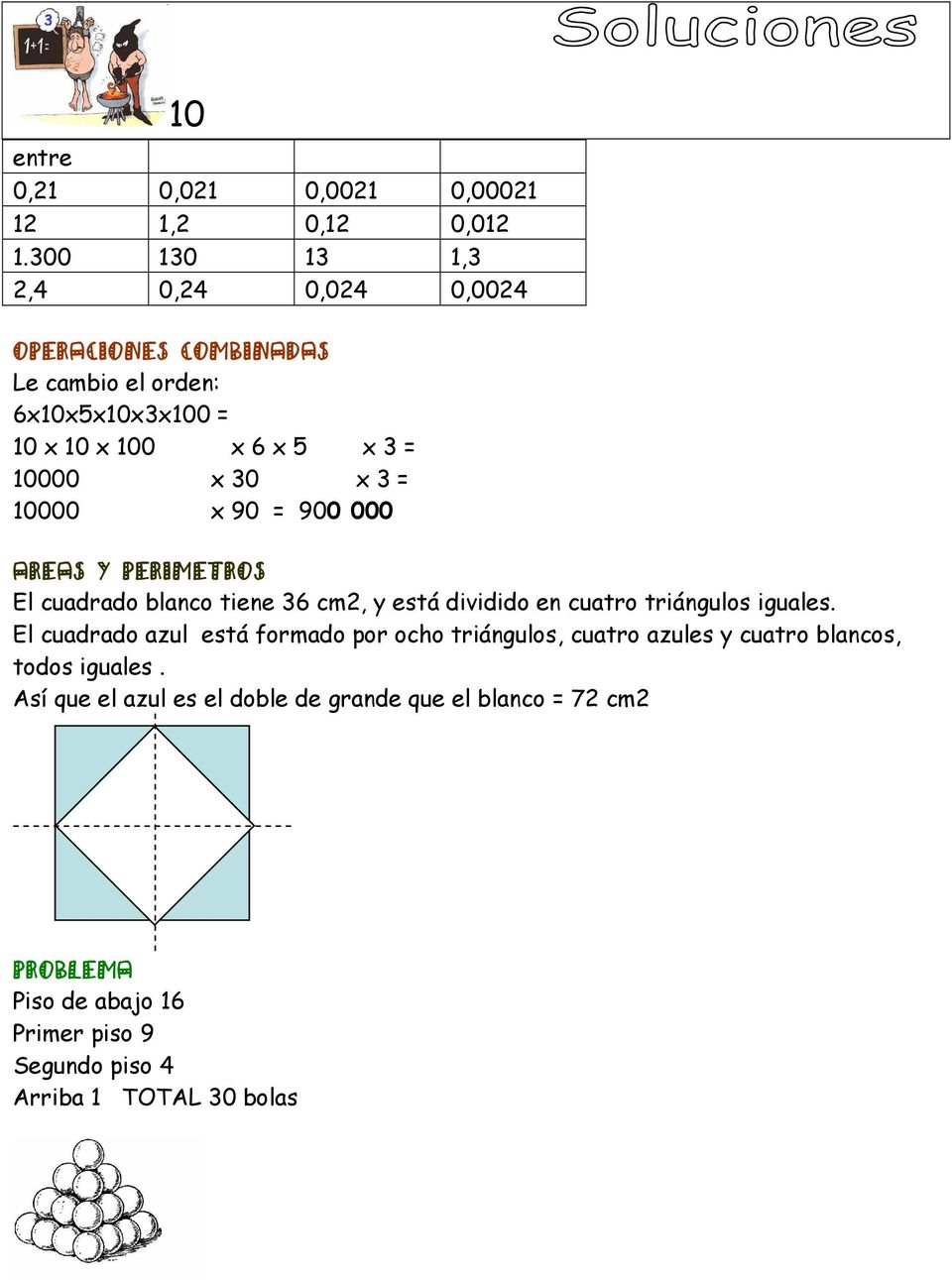 x 3 = 10000 x 90 = 900 000 AREAS Y PERIMETROS El cuadrado blanco tiene 36 cm2, y está dividido en cuatro triángulos iguales.