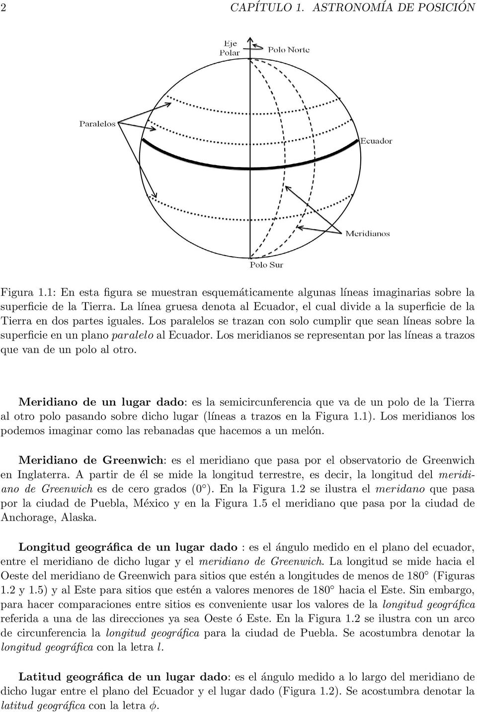 Los paralelos se trazan con solo cumplir que sean líneas sobre la superficie en un plano paralelo al Ecuador. Los meridianos se representan por las líneas a trazos que van de un polo al otro.