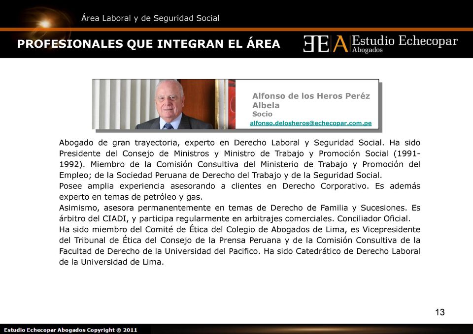 Miembro de la Comisión Consultiva del Ministerio de Trabajo y Promoción del Empleo; de la Sociedad Peruana de Derecho del Trabajo y de la Seguridad Social.
