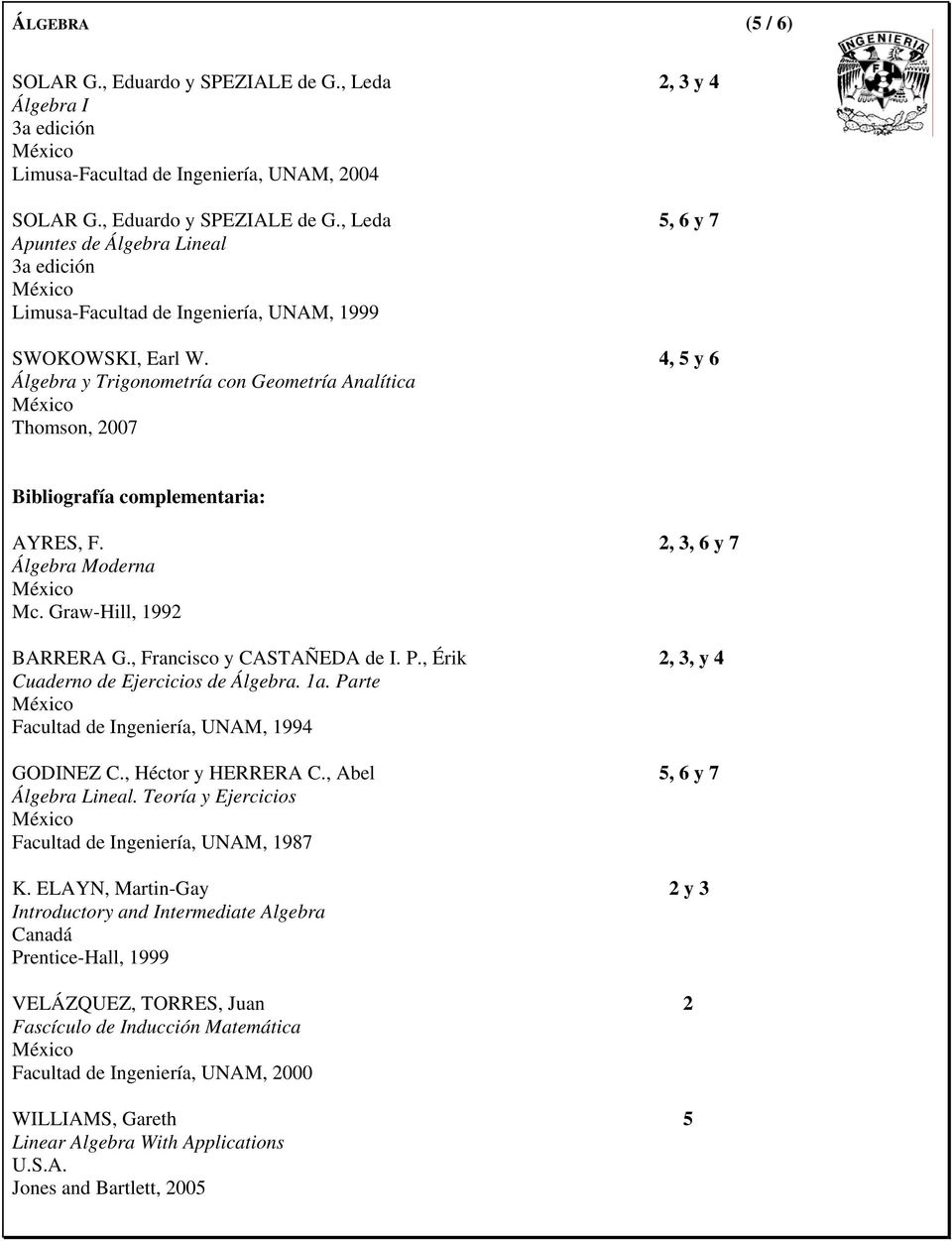 , Érik 2, 3, y 4 Cuaderno de Ejercicios de Álgebra. 1a. Parte Facultad de Ingeniería, UNAM, 1994 GODINEZ C., Héctor y HERRERA C., Abel 5, 6 y 7 Álgebra Lineal.