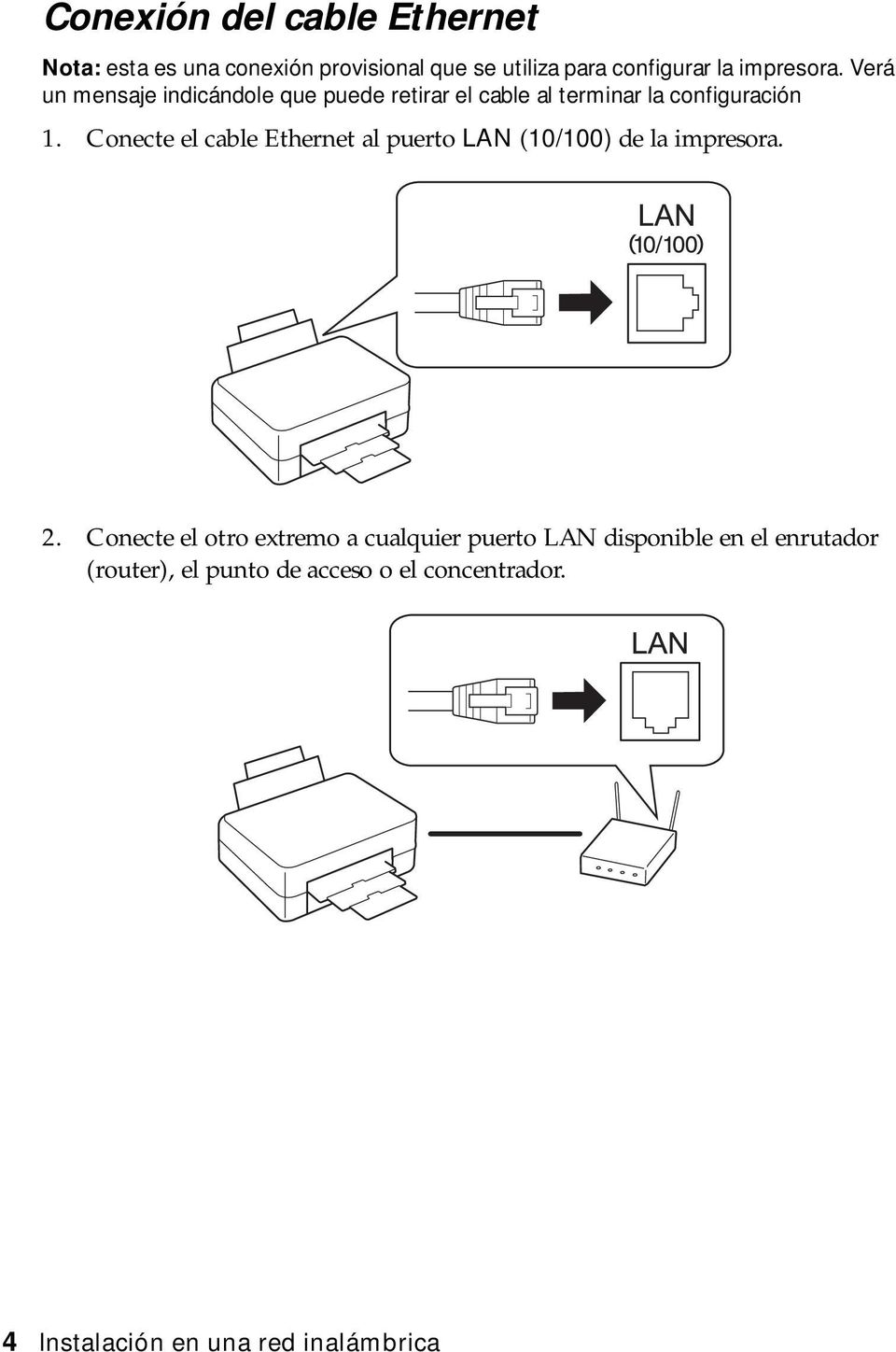 Conecte el cable Ethernet al puerto LAN (10/100) de la impresora. 2.