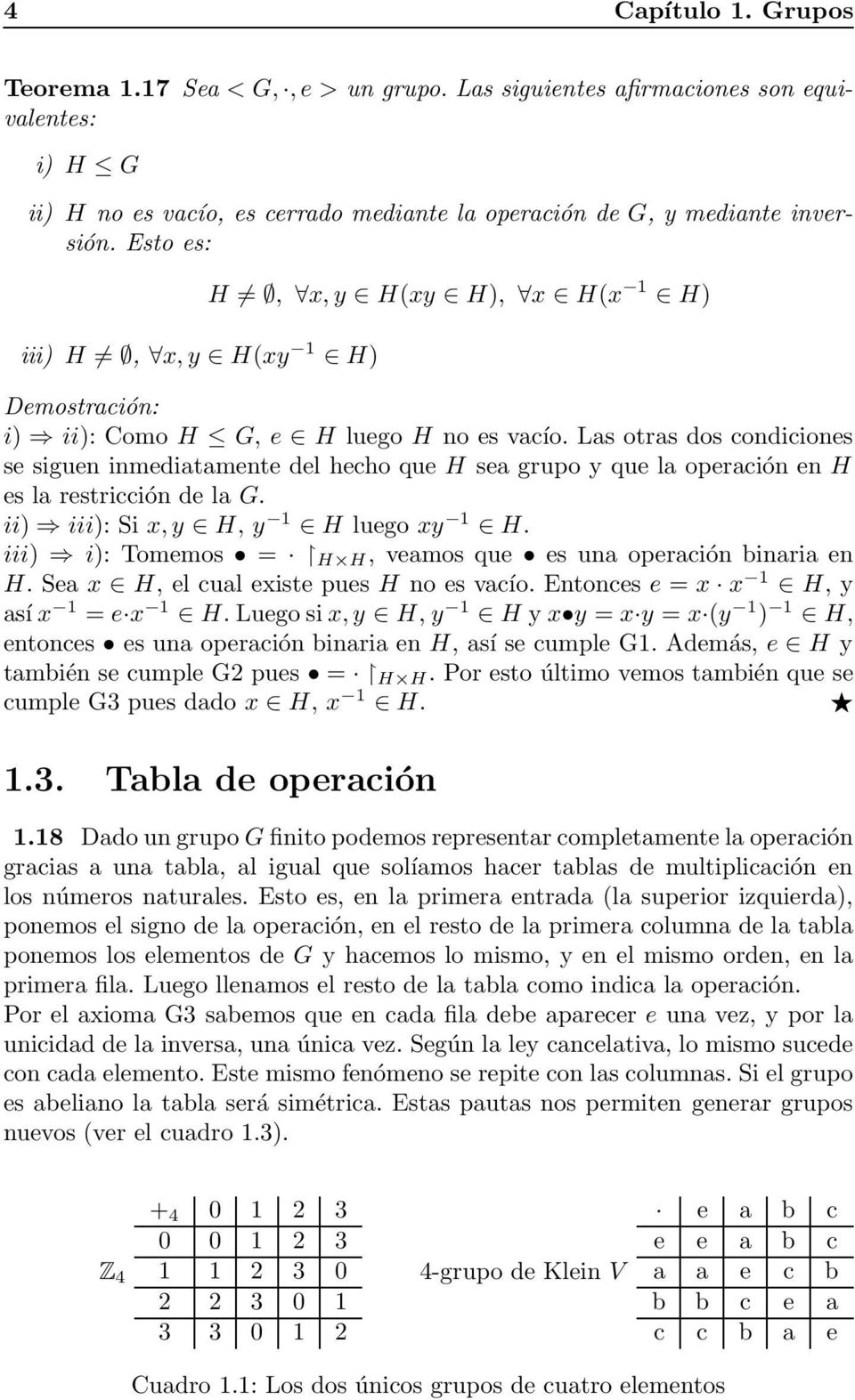 Las otras dos condiciones se siguen inmediatamente del hecho que H sea grupo y que la operación en H es la restricción de la G. ii) iii): Si x, y H, y 1 H luego xy 1 H.