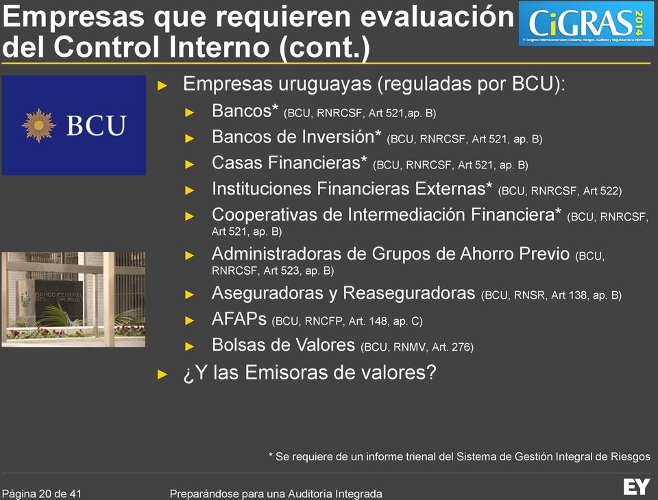 B) Instituciones Financieras Externas* (BCU, RNRCSF, Art 522) Cooperativas de Intermediación Financiera* (BCU, RNRCSF, Art 521, ap.