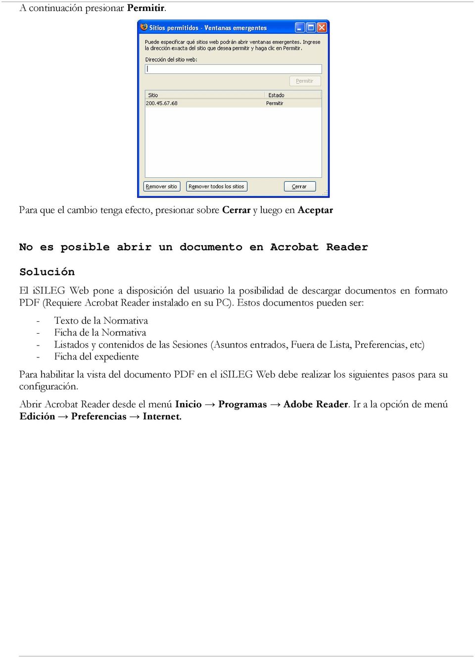 posibilidad de descargar documentos en formato PDF (Requiere Acrobat Reader instalado en su PC).