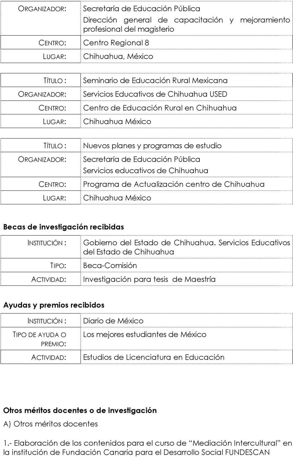 Chihuahua Chihuahua México Becas de investigación recibidas INSTITUCIÓN : TIPO: ACTIVIDAD: Gobierno del Estado de Chihuahua.