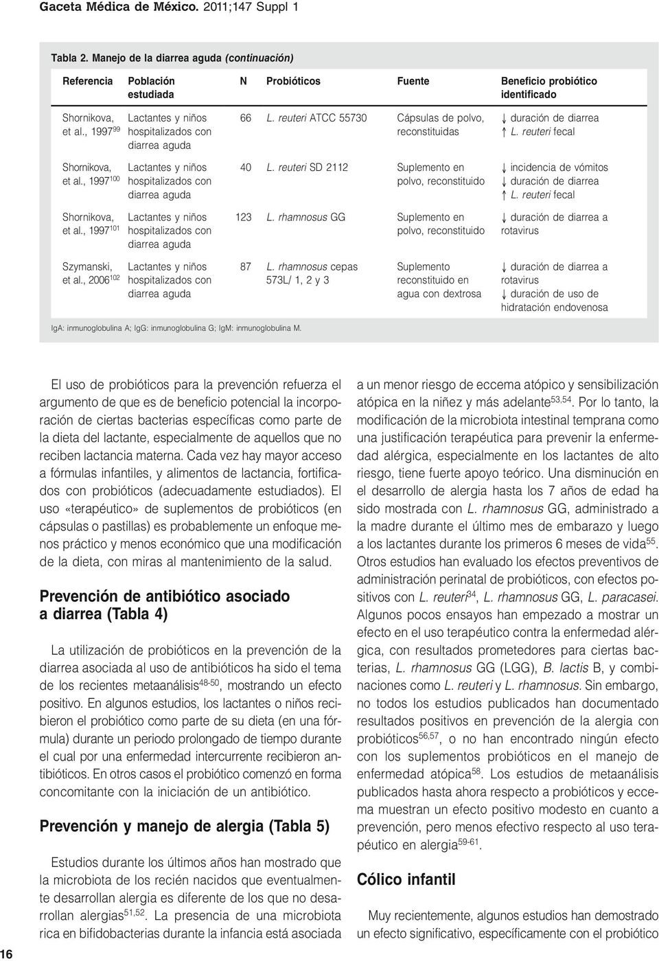 rhamnosus GG Suplemento en polvo, reconstituido L. reuteri fecal incidencia de vómitos L. reuteri fecal a rotavirus Szymanski, et al., 2006 102 87 L.